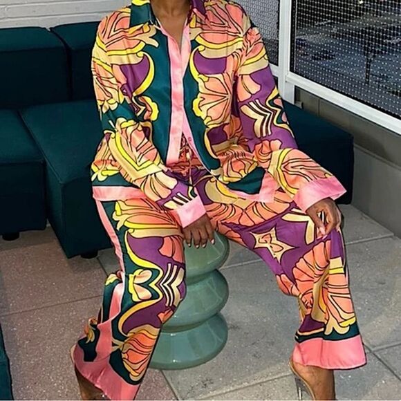SALE 🔥 ZARA Shirt & Pants Set Geometric Print 2 Piece Matching Pant & Top - Picture 7 of 16